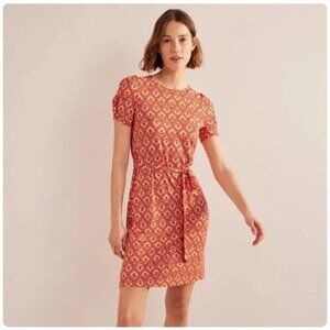 Boden Geometric Print Short Sleeve Jersey Dress Size 12 Kumquat Geo Cascade